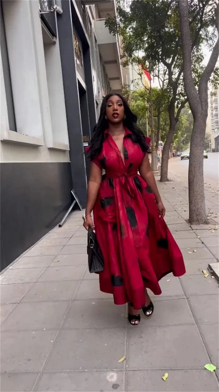 ZHEZHE 2024 Summer Stylish Printed Polo Collar Single Breasted Pocket Short Sleeve Lace Up Floral Split Maxi Dress