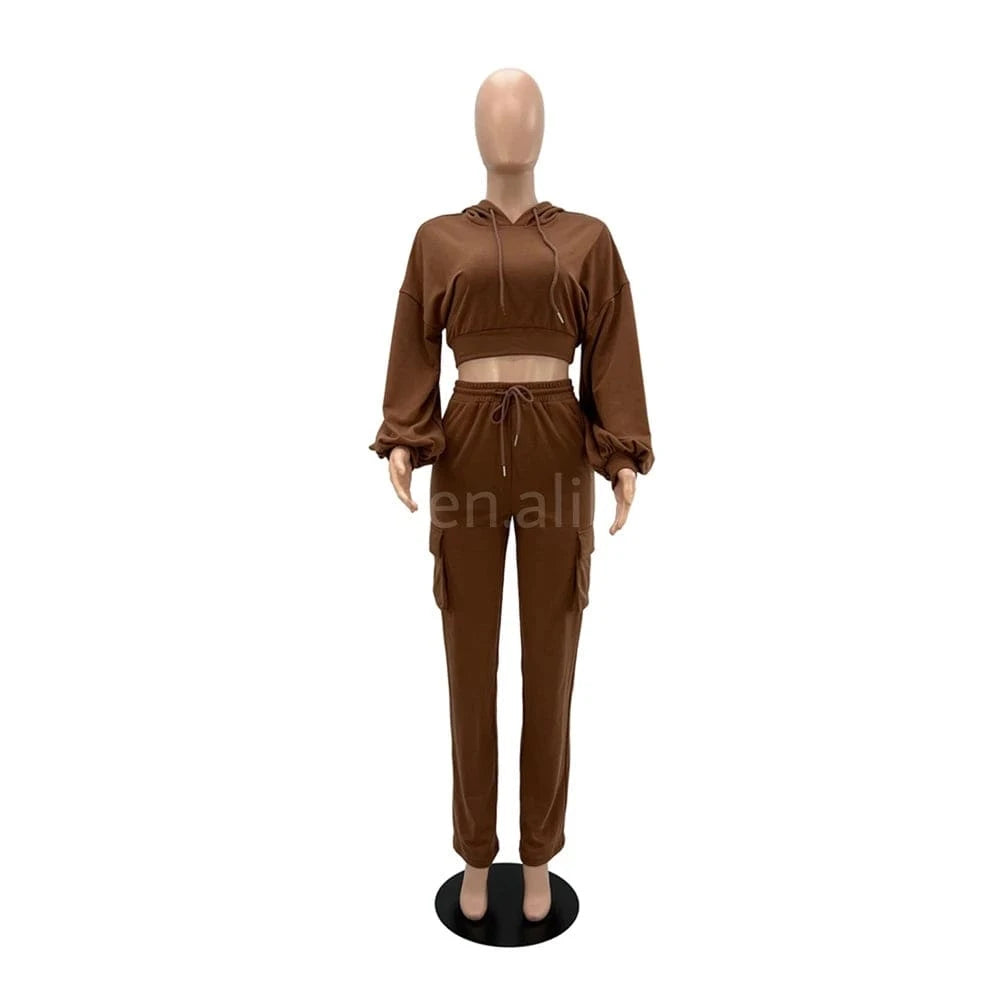 ZHEZHE 2024 The Latest Fashion Hot Casual Hoodie Solid Color Cargo Straight Trouser Suit Autumn And Winter Two Piece Sets