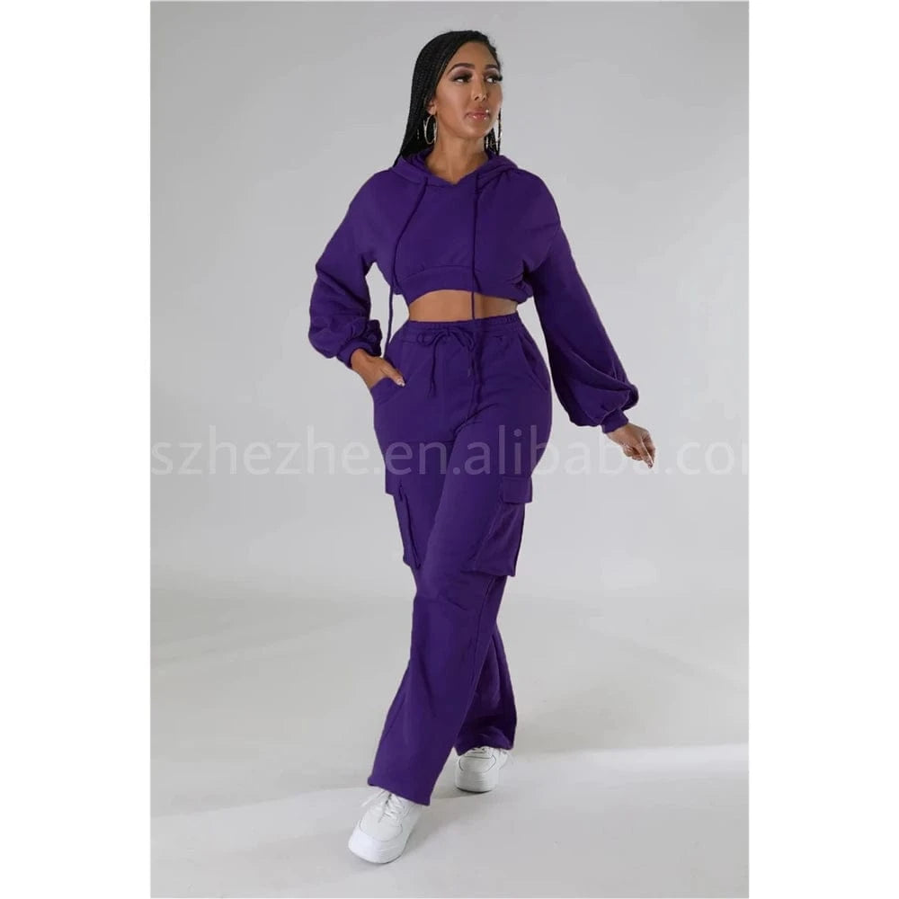ZHEZHE 2024 The Latest Fashion Hot Casual Hoodie Solid Color Cargo Straight Trouser Suit Autumn And Winter Two Piece Sets