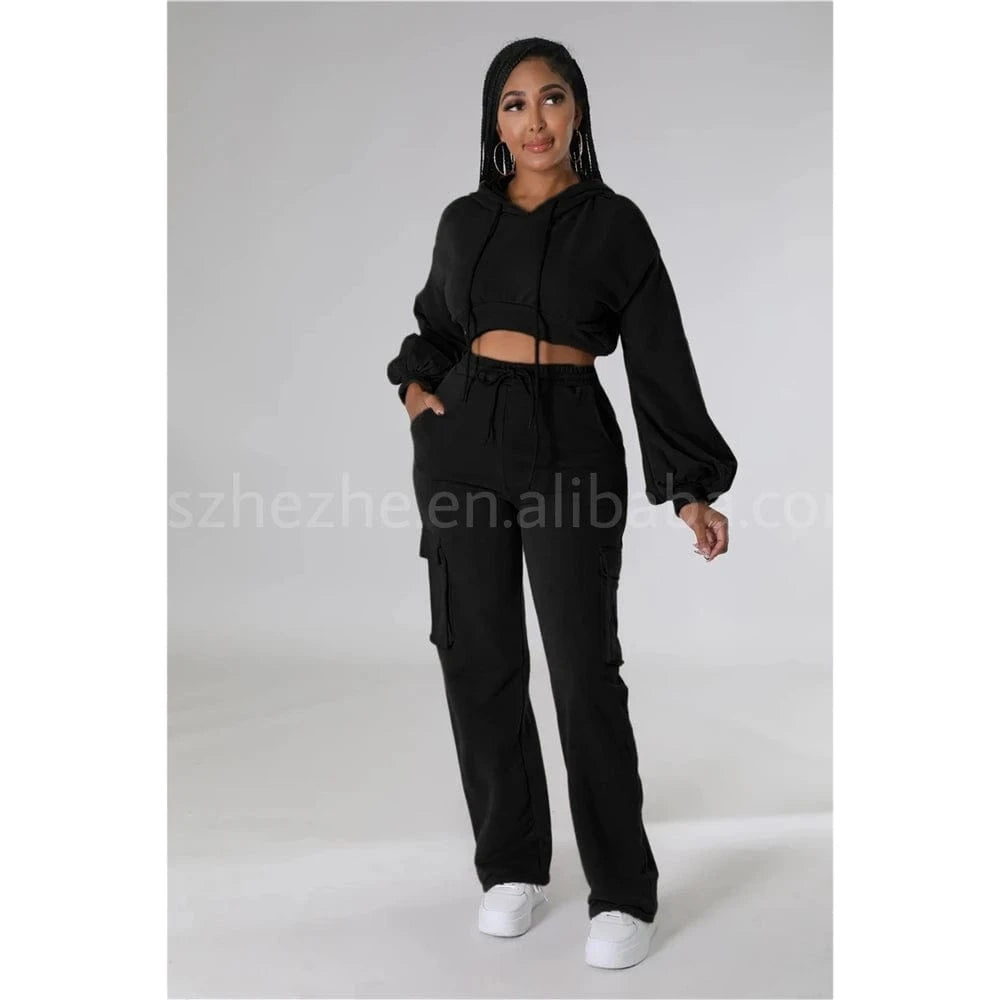 ZHEZHE 2024 The Latest Fashion Hot Casual Hoodie Solid Color Cargo Straight Trouser Suit Autumn And Winter Two Piece Sets