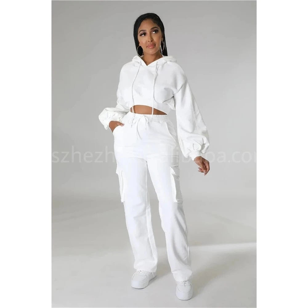 ZHEZHE 2024 The Latest Fashion Hot Casual Hoodie Solid Color Cargo Straight Trouser Suit Autumn And Winter Two Piece Sets