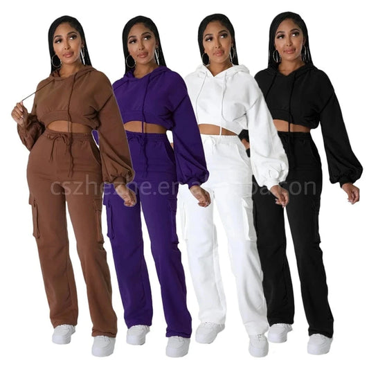 ZHEZHE 2024 The Latest Fashion Hot Casual Hoodie Solid Color Cargo Straight Trouser Suit Autumn And Winter Two Piece Sets