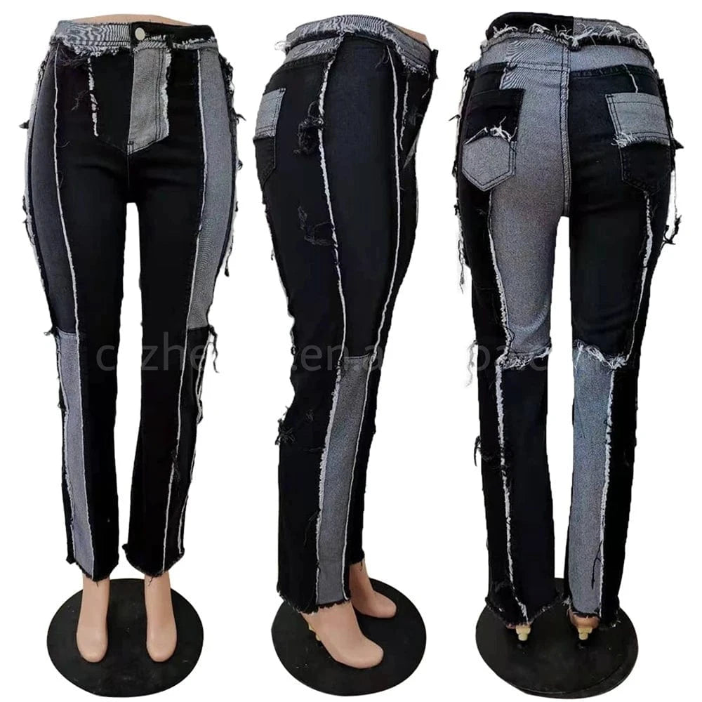 ZHEZHE 2024 Winter New Arrival High Street Low Waist Ladies Jeans Boy Friend Trousers Denim Patchwork Jeans Women