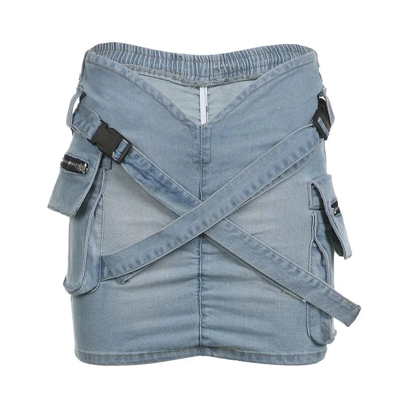 ZHEZHE 2024 Y2k Cross Belt Denim Skirts Women Summer Patchwork High V Waist Casual Ruched Zip Pockets Mini Skirt
