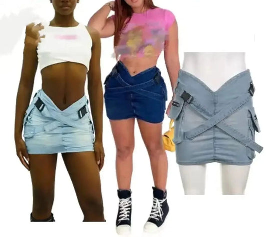 ZHEZHE 2024 Y2k Cross Belt Denim Skirts Women Summer Patchwork High V Waist Casual Ruched Zip Pockets Mini Skirt