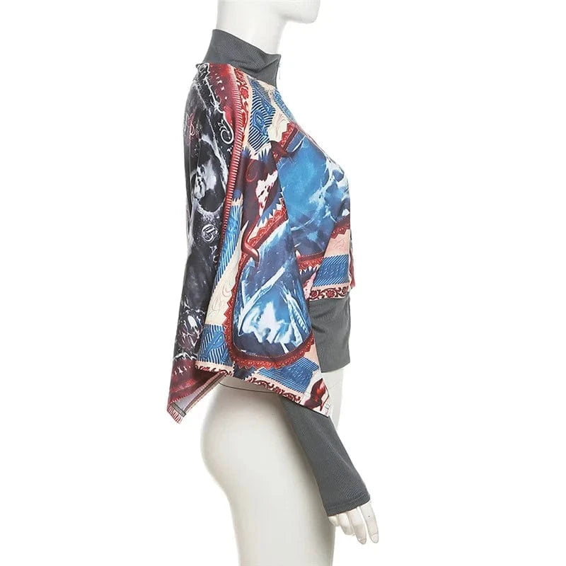 ZHEZHE Autumn Winter 2024 New Irregular Patchwork 3d Print Long Sleeve Top Bodycon Zipper Casual Fashion Top For Women