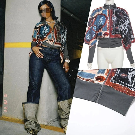 ZHEZHE Autumn Winter 2024 New Irregular Patchwork 3d Print Long Sleeve Top Bodycon Zipper Casual Fashion Top For Women