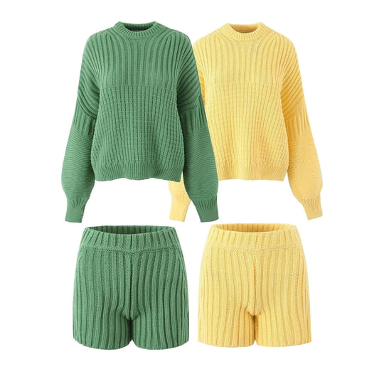 ZHEZHE Autumn Winter Knitted Women 2 Piece Sets Soild Long Sleeve Pullover Top and Casual Shorts Street Outfits