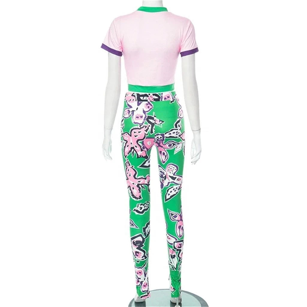 ZHEZHE Colours Graphic Print Bodycon 2 Two Piece Set Casual Vacation Clothing For Woman 2024 Fashion Crop Top Pants Set