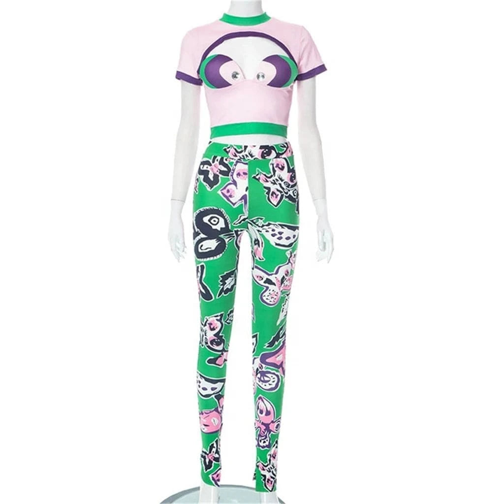 ZHEZHE Colours Graphic Print Bodycon 2 Two Piece Set Casual Vacation Clothing For Woman 2024 Fashion Crop Top Pants Set