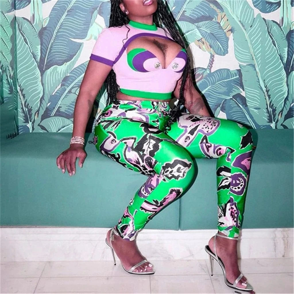 ZHEZHE Colours Graphic Print Bodycon 2 Two Piece Set Casual Vacation Clothing For Woman 2024 Fashion Crop Top Pants Set