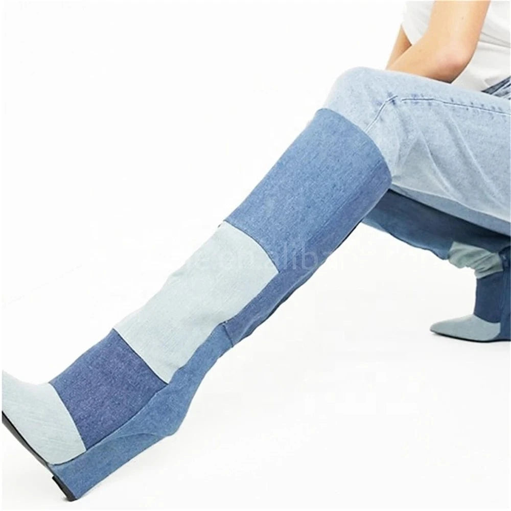 ZHEZHE Design Plus Size High Heel Ladies Fashion Shoes Women Long Denim Jean Boots Knee Length Women's Boots