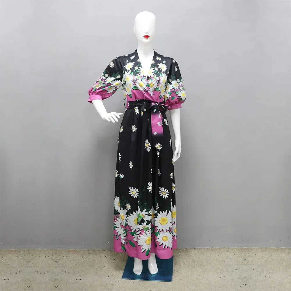 ZHEZHE Dubai Arab 2024 Spring New Fashion Printed Print 5/4 Sleeve Robe Dress Elegant Maxi Casual Dress