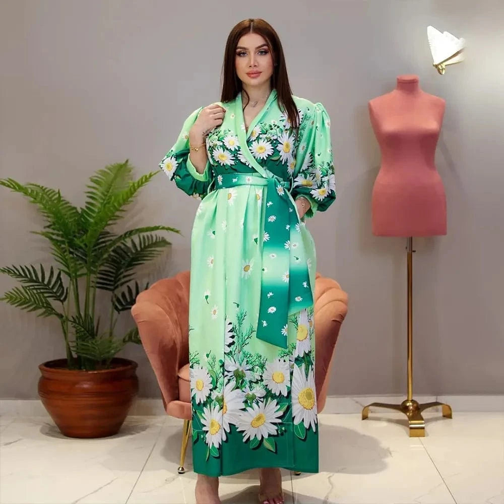 ZHEZHE Dubai Arab 2024 Spring New Fashion Printed Print 5/4 Sleeve Robe Dress Elegant Maxi Casual Dress