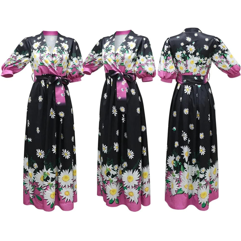 ZHEZHE Dubai Arab 2024 Spring New Fashion Printed Print 5/4 Sleeve Robe Dress Elegant Maxi Casual Dress