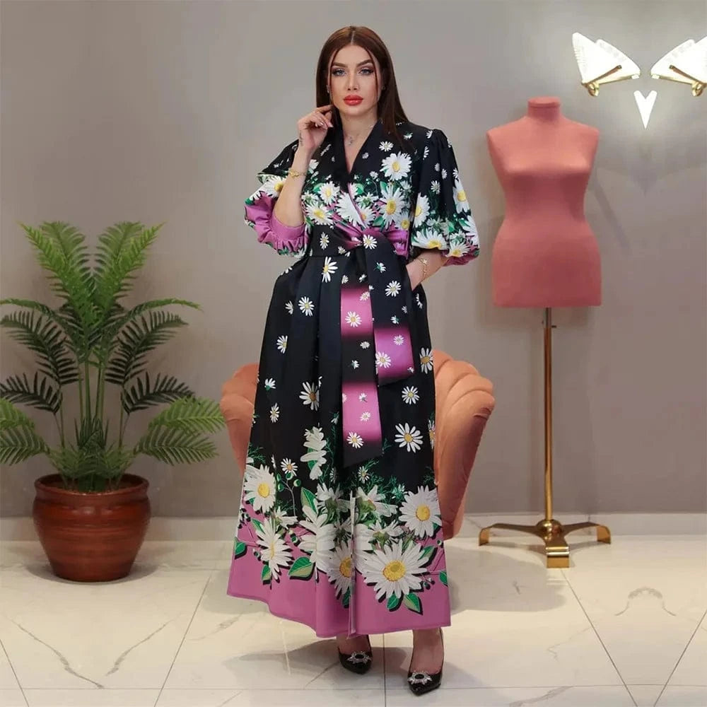 ZHEZHE Dubai Arab 2024 Spring New Fashion Printed Print 5/4 Sleeve Robe Dress Elegant Maxi Casual Dress