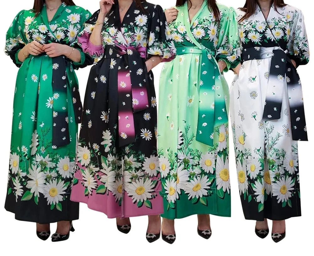 ZHEZHE Dubai Arab 2024 Spring New Fashion Printed Print 5/4 Sleeve Robe Dress Elegant Maxi Casual Dress