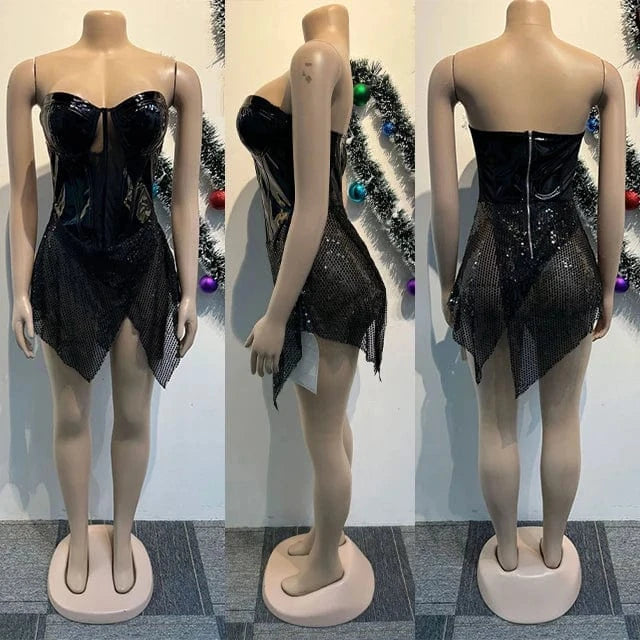 ZHEZHE Fashion 2024 boutique women sleeveless elegant mini dress personalized sequin patchwork tube irregular sexy dresses