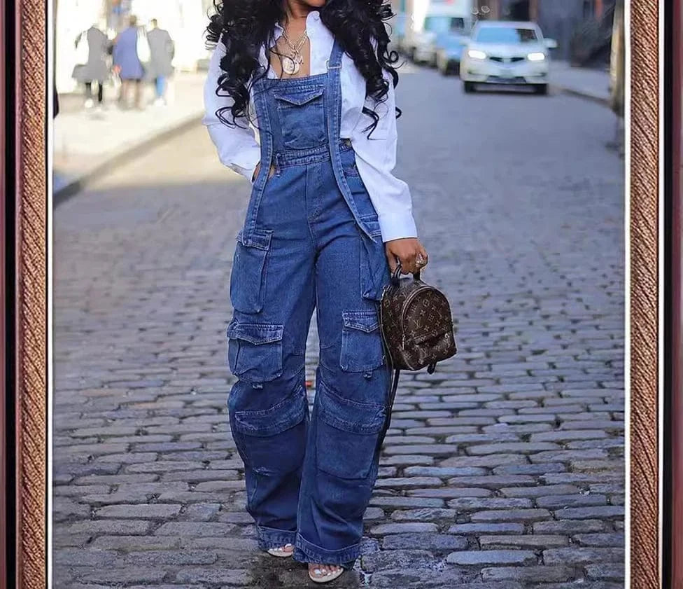 ZHEZHE Fashion 2024 clothing boutique street wear jeans multi-pocket women denim cargo jumpsuit with straps
