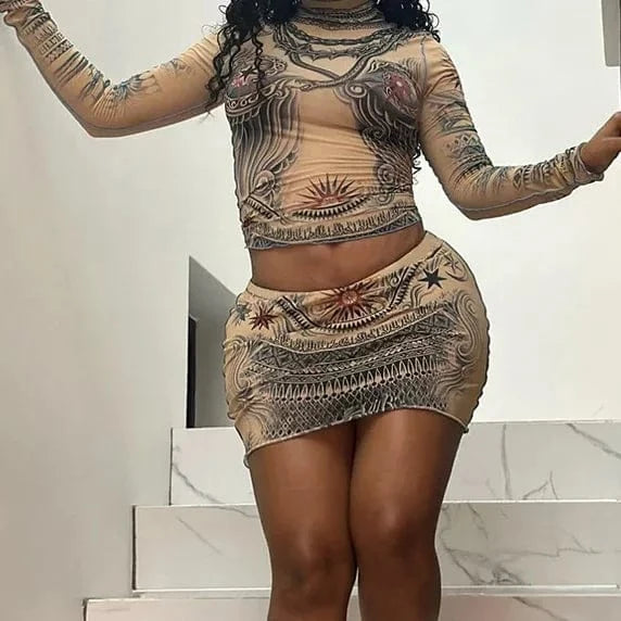 ZHEZHE Fashion 2024 Fashion Lady Street Wear Long Sleeve Printed Mesh See Through Cropped Tops and Mini Skirt 2 Piece Set Women