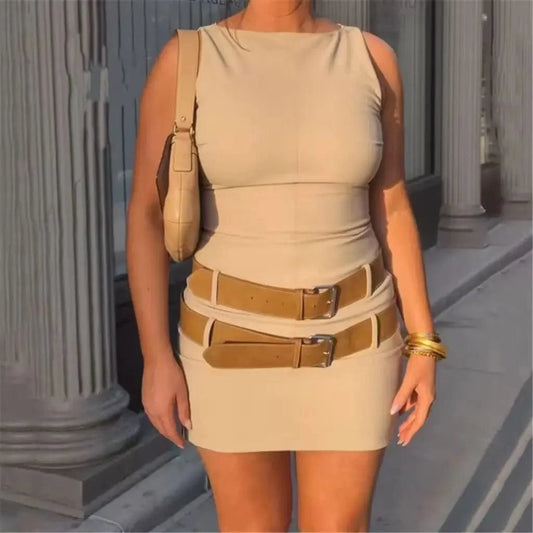 ZHEZHE Fashion 2024 Sleeveless Belt Patchwork Mini Dress Women Summer Clothing Boutique Unique Elegant Dresses