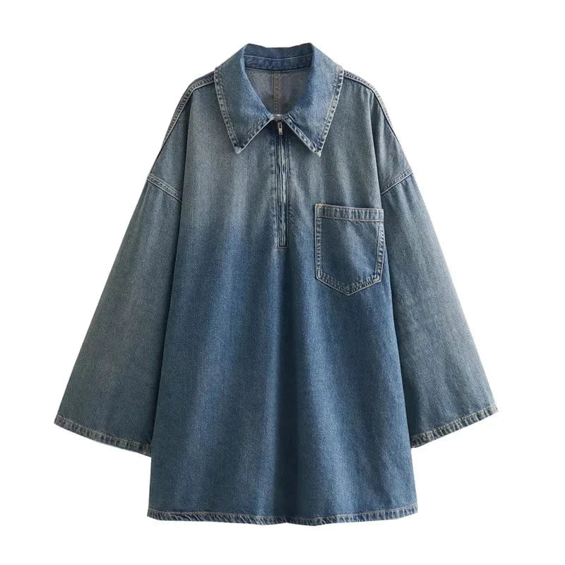 ZHEZHE Fashion 2024 spring boutique clothing women jeans dresses long sleeve pocket design loose denim dress