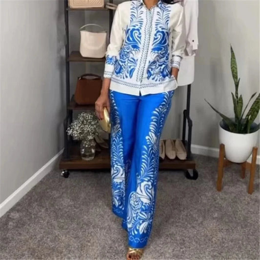 ZHEZHE fashion 2024 street wear casual outfit women clothing boutique long sleeve printed shirt and pant 2 piece set