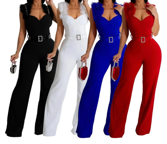ZHEZHE Fashion 2024 summer street wear women clothes boutique one piece sleeveless feather strap sexy jumpsuit with belt