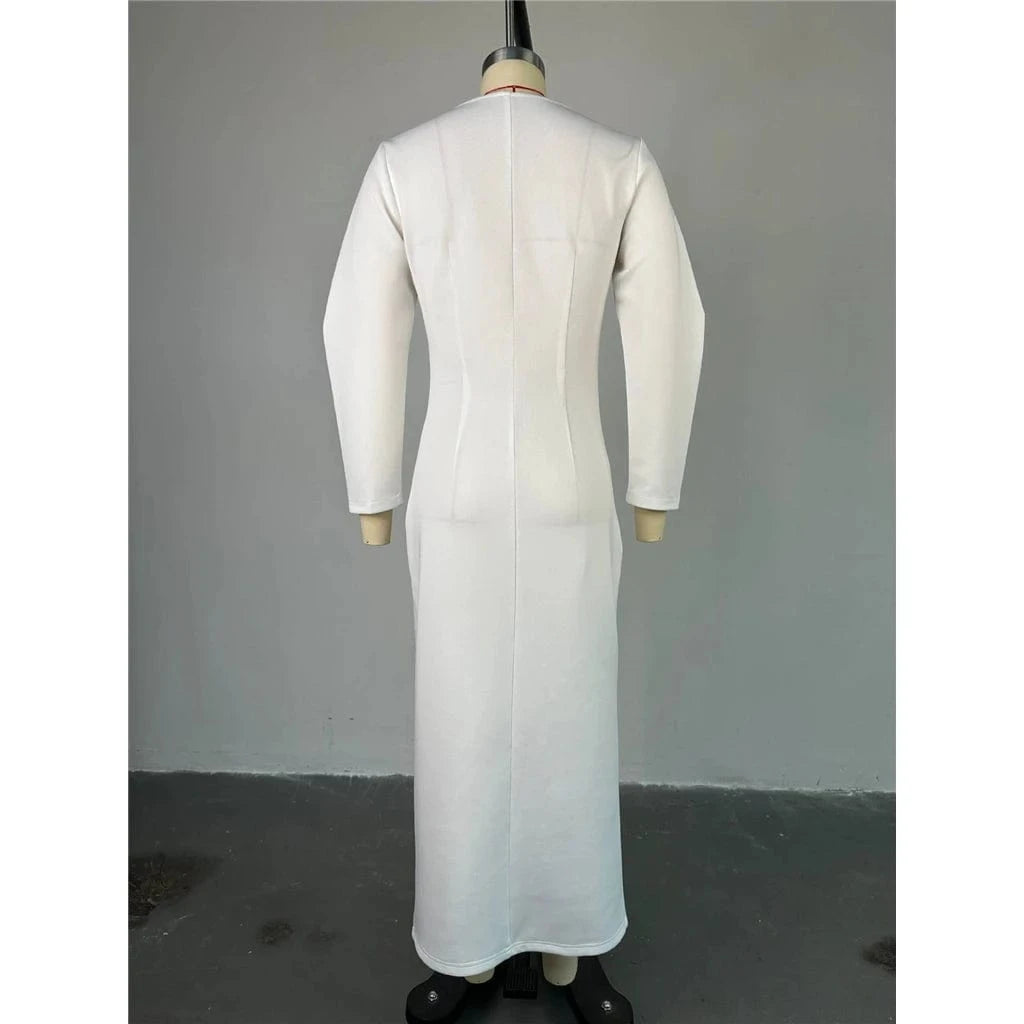 ZHEZHE Fashion Autumn 2024 Sexy V-neck Long Sleeve Beading Design Women Long Dress Elegant Split Party Evening Maxi Dress