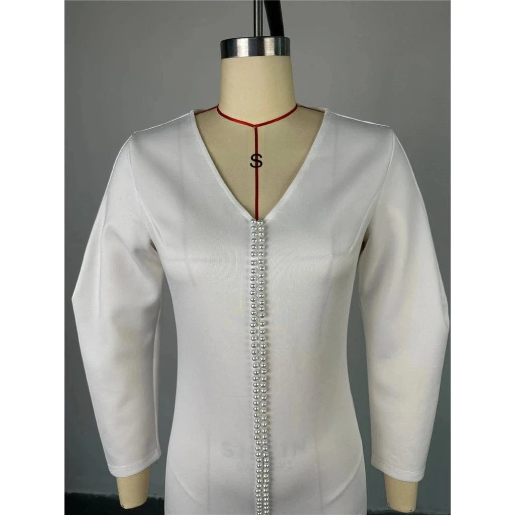 ZHEZHE Fashion Autumn 2024 Sexy V-neck Long Sleeve Beading Design Women Long Dress Elegant Split Party Evening Maxi Dress