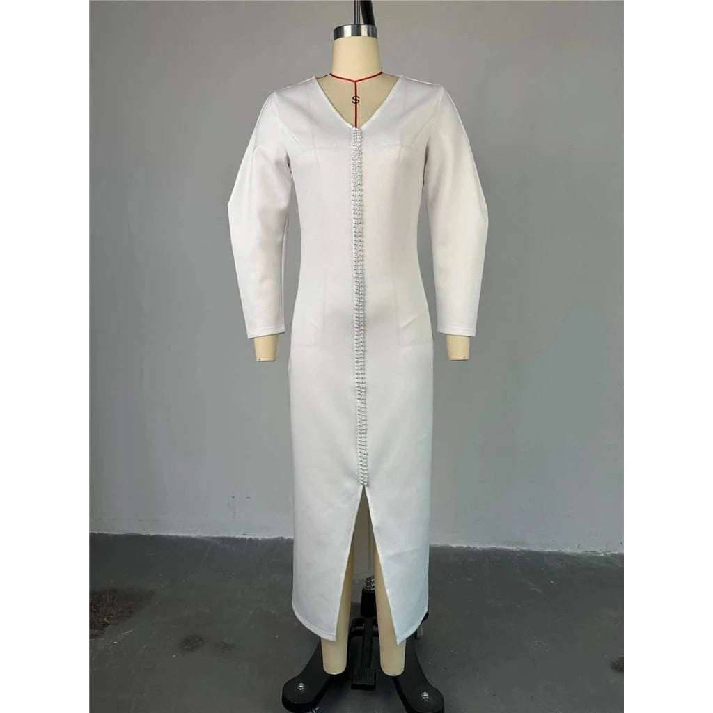 ZHEZHE Fashion Autumn 2024 Sexy V-neck Long Sleeve Beading Design Women Long Dress Elegant Split Party Evening Maxi Dress