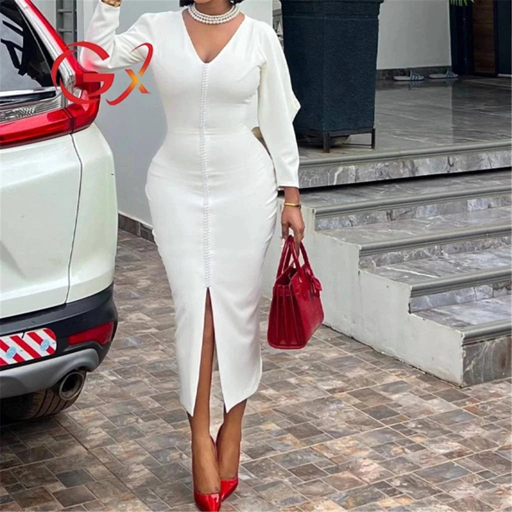 ZHEZHE Fashion Autumn 2024 Sexy V-neck Long Sleeve Beading Design Women Long Dress Elegant Split Party Evening Maxi Dress