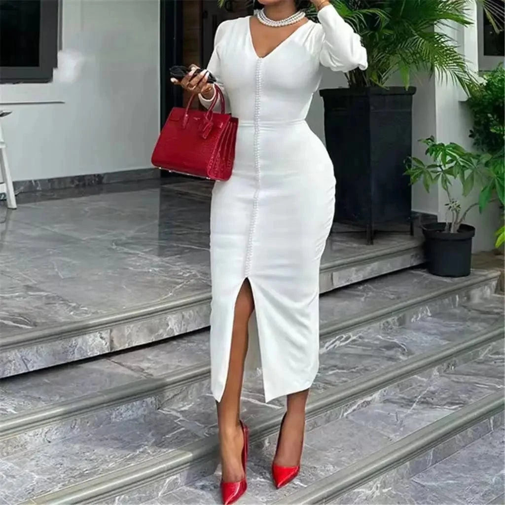 ZHEZHE Fashion Autumn 2024 Sexy V-neck Long Sleeve Beading Design Women Long Dress Elegant Split Party Evening Maxi Dress