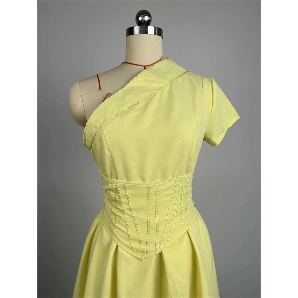 ZHEZHE High Quality  2024 Summer Diagonal Neck Short Sleeve Fish Bone Waist Tie Up Ladies Elegant Midi Dress