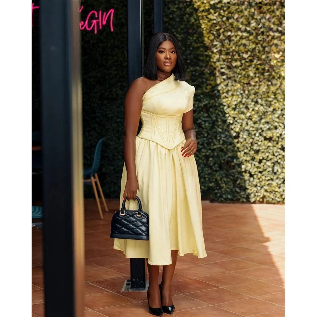 ZHEZHE High Quality  2024 Summer Diagonal Neck Short Sleeve Fish Bone Waist Tie Up Ladies Elegant Midi Dress