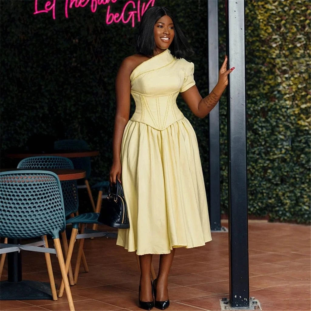 ZHEZHE High Quality  2024 Summer Diagonal Neck Short Sleeve Fish Bone Waist Tie Up Ladies Elegant Midi Dress