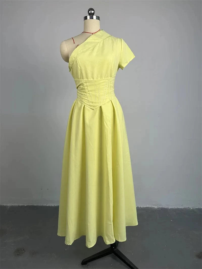 ZHEZHE High Quality  2024 Summer Diagonal Neck Short Sleeve Fish Bone Waist Tie Up Ladies Elegant Midi Dress