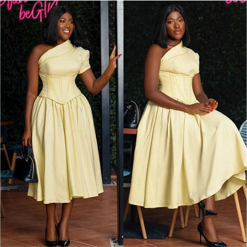 ZHEZHE High Quality  2024 Summer Diagonal Neck Short Sleeve Fish Bone Waist Tie Up Ladies Elegant Midi Dress