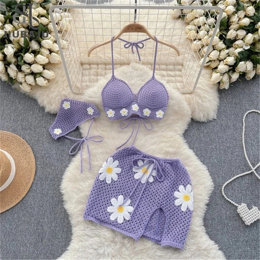ZHEZHE Hollow Out Crochet Knit Flower Bikini Suit Outfits 3 Pieces Women Bra + Skirts Matching Set