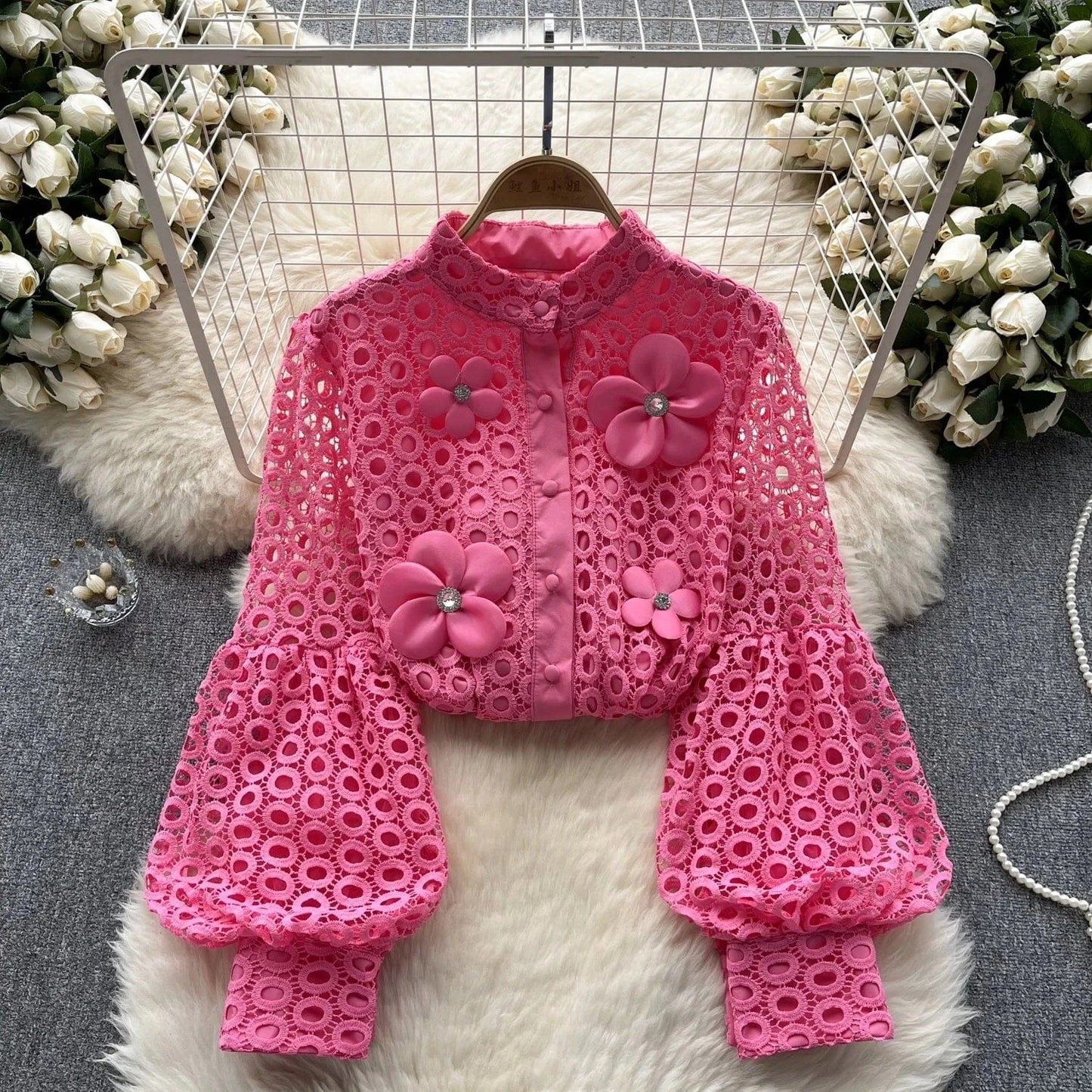 ZHEZHE Lace Blouse Women 2024 New Spring French Bubble Sleeve Floral Peplum Long Sleeve Ladies Tops