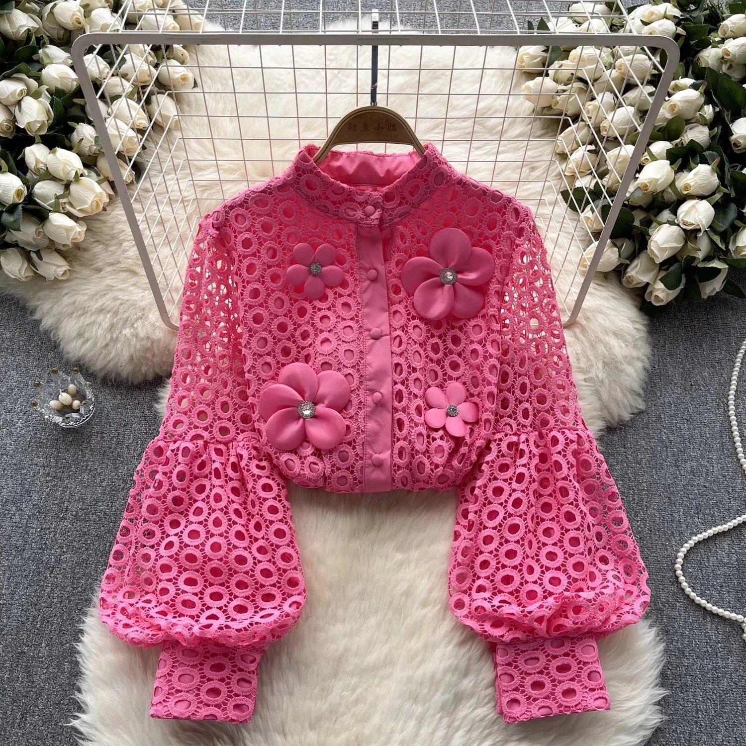 ZHEZHE Lace Blouse Women 2024 New Spring French Bubble Sleeve Floral Peplum Long Sleeve Ladies Tops