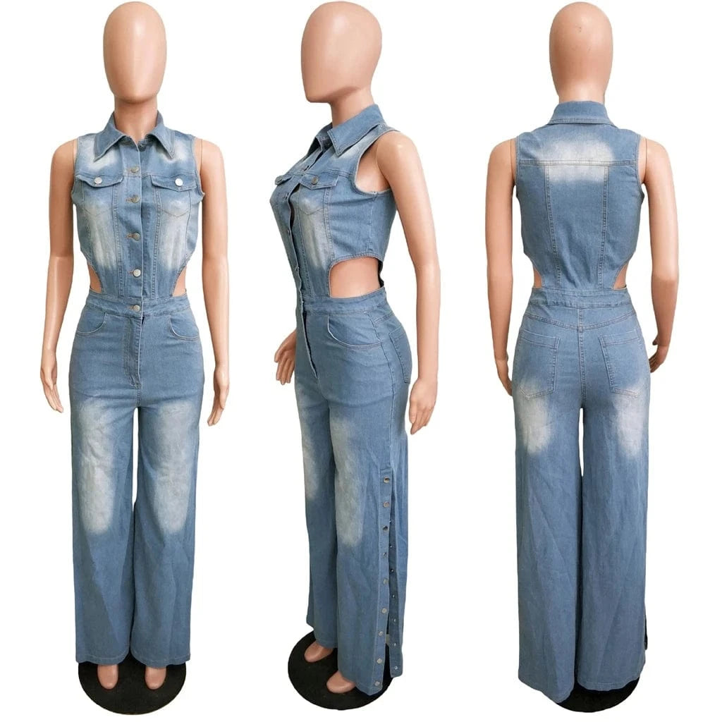 ZHEZHE Ladies New Fashion Sleeveless Single Breasted Stretchy  Denim One Piece Straight-Leg Jumpsuits