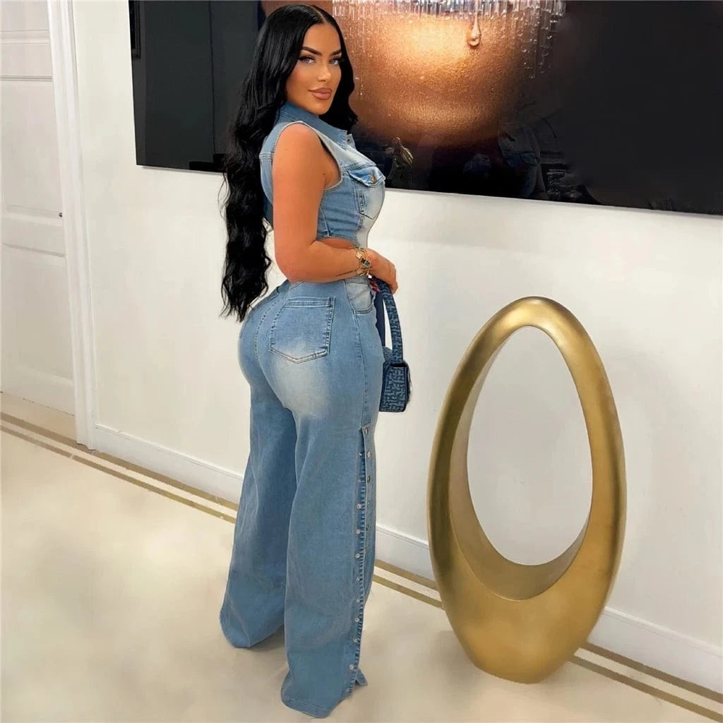 ZHEZHE Ladies New Fashion Sleeveless Single Breasted Stretchy  Denim One Piece Straight-Leg Jumpsuits