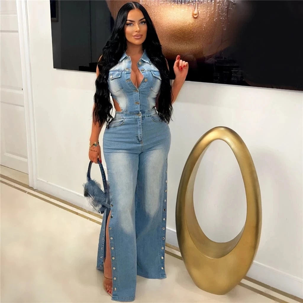 ZHEZHE Ladies New Fashion Sleeveless Single Breasted Stretchy  Denim One Piece Straight-Leg Jumpsuits