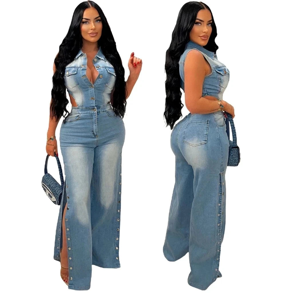ZHEZHE Ladies New Fashion Sleeveless Single Breasted Stretchy  Denim One Piece Straight-Leg Jumpsuits