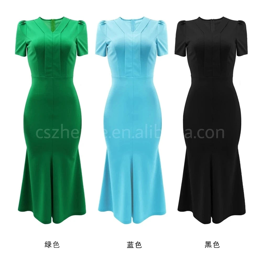ZHEZHE Latest New Chic 2024 Solid Color Slim Fit Wrap Buttocks Fishtail Skirt Summer Casual Ladies Kaftan Dresses