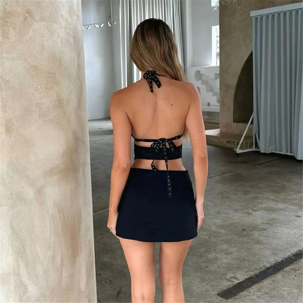 ZHEZHE New 2024 Summer Elegant Boutique Halter Sleeveless Mini Dress Rivet Hollow Out Women's Party Nightclub Dresses