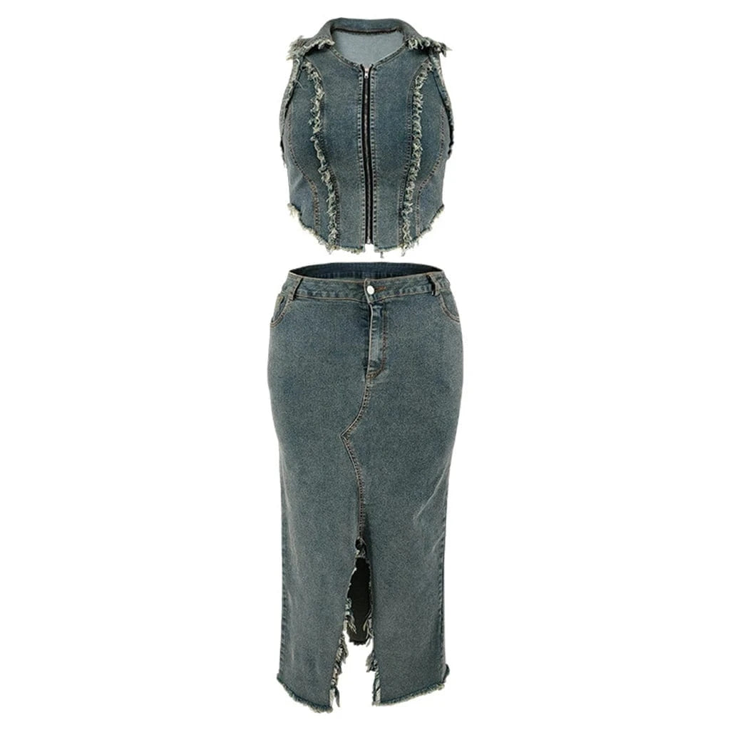ZHEZHE New Arrivals 2024 Plus Size Sleeveless Wash Blue Denim Tank Top Vest And Split Long Skirt Two Piece Set