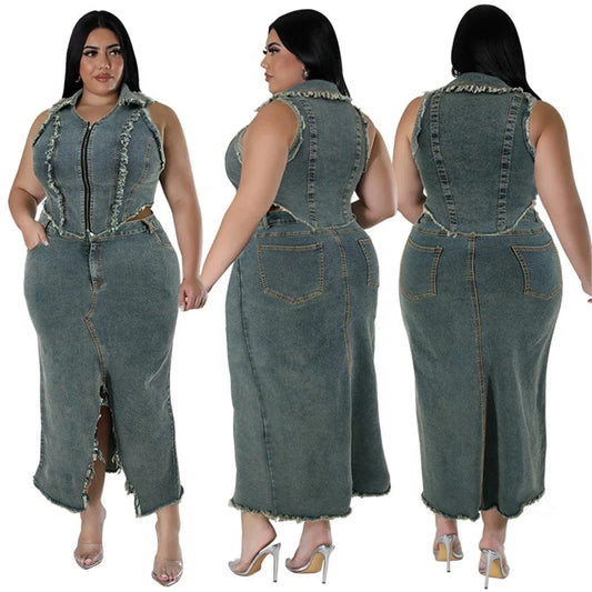 ZHEZHE New Arrivals 2024 Plus Size Sleeveless Wash Blue Denim Tank Top Vest And Split Long Skirt Two Piece Set