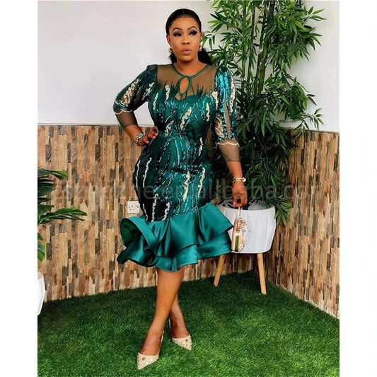 ZHEZHE New Arrivals 2024 Spring Long Sleeve Sequin Mesh Sexy Party Dress African Women's Wear plus size L-3XL